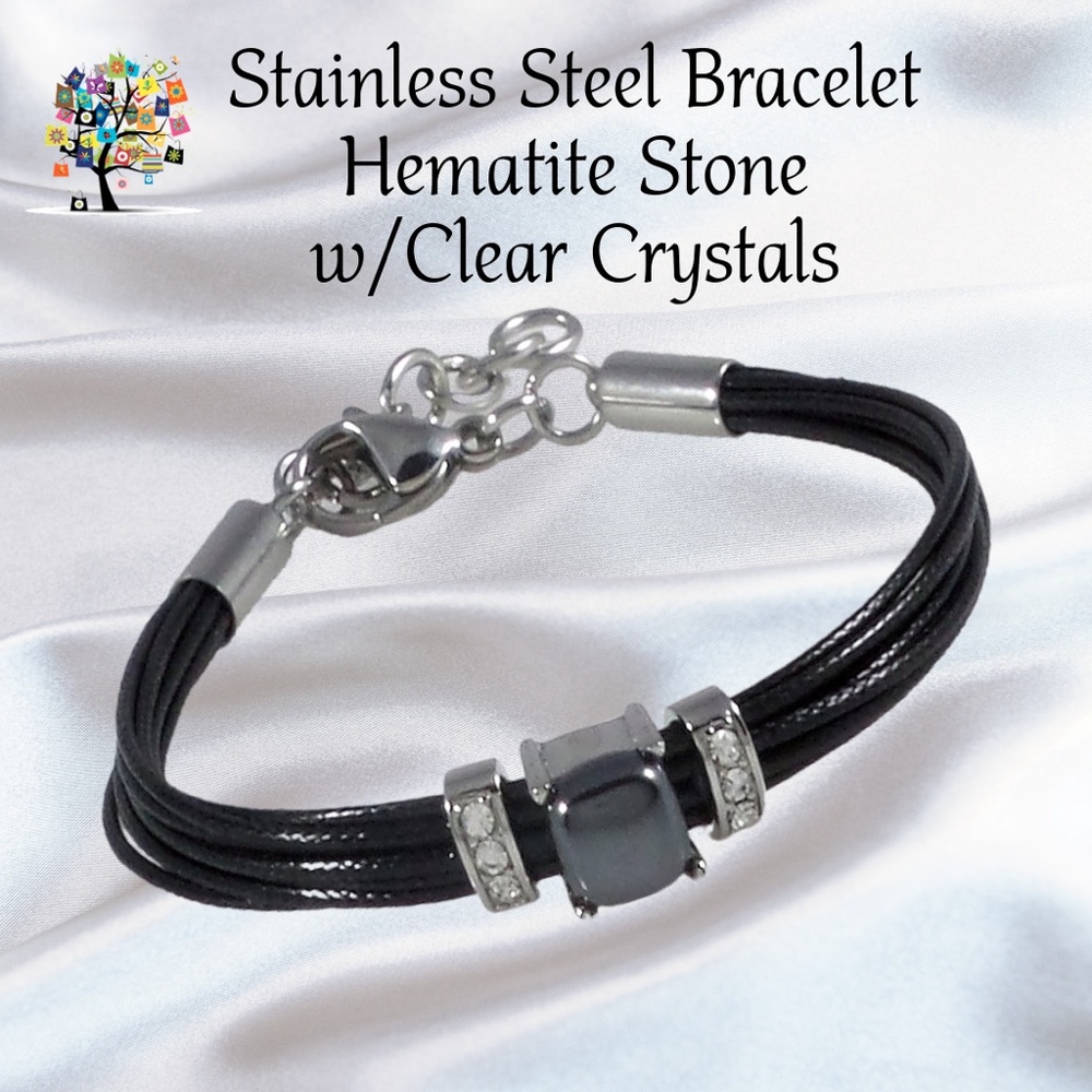 Stainless Steel Bracelet Hematite & Clear Crystals